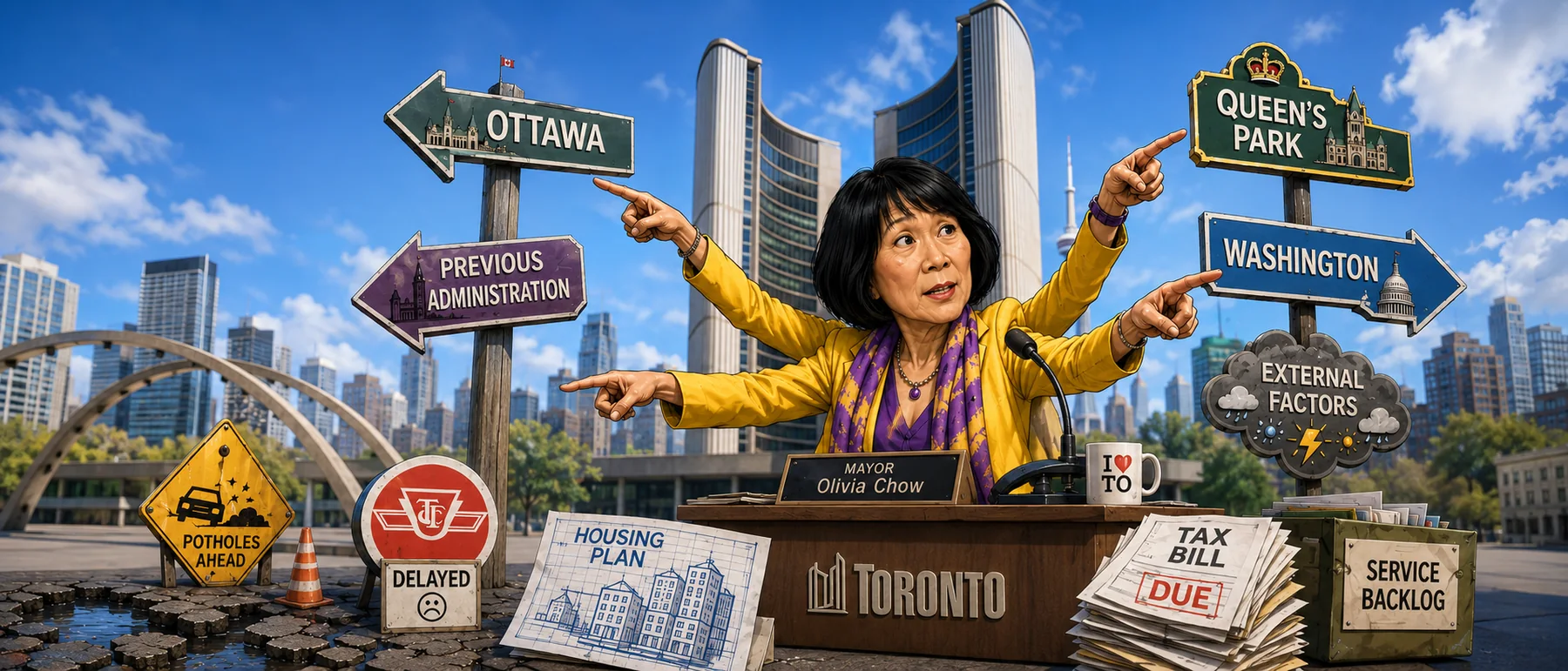 Satirical editorial illustration of Toronto City Hall responsibility being pointed outward.