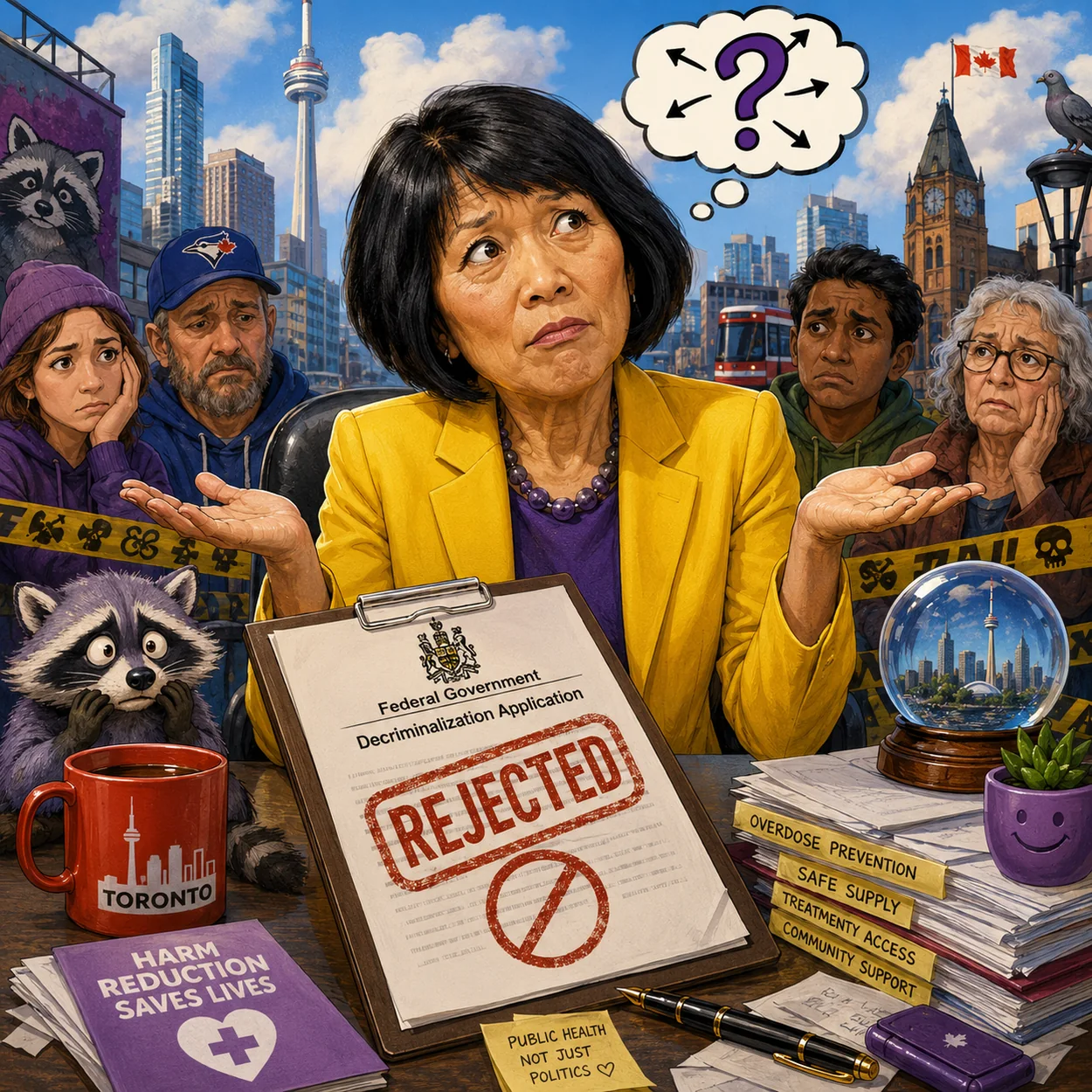 Satirical illustration concerning Toronto drug policy and the rejected federal decriminalization application.