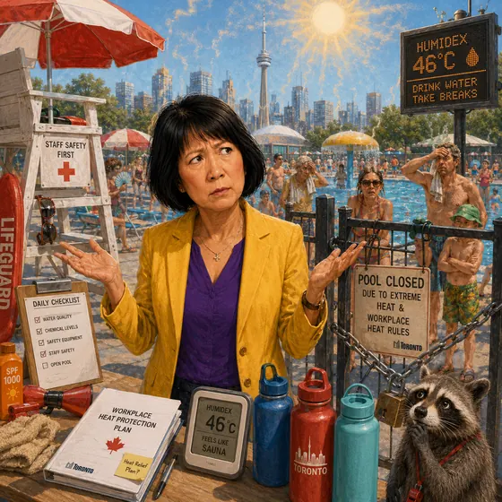Satirical editorial illustration: Heat relief and pool closures