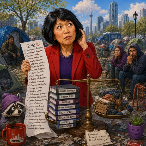 Satirical editorial illustration: Homelessness and encampments