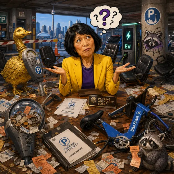 Satirical editorial illustration: Toronto Parking Authority governance