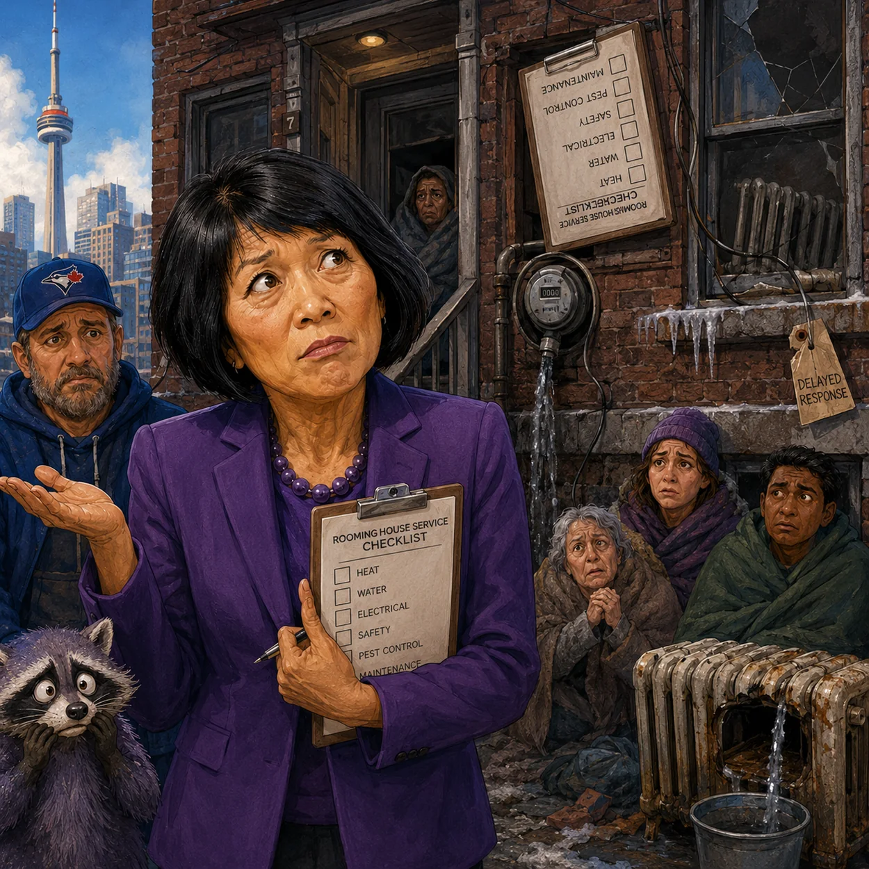 Satirical editorial illustration related to Housing & enforcement.