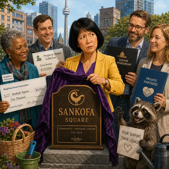 Satirical editorial illustration: Sankofa Square cost debate