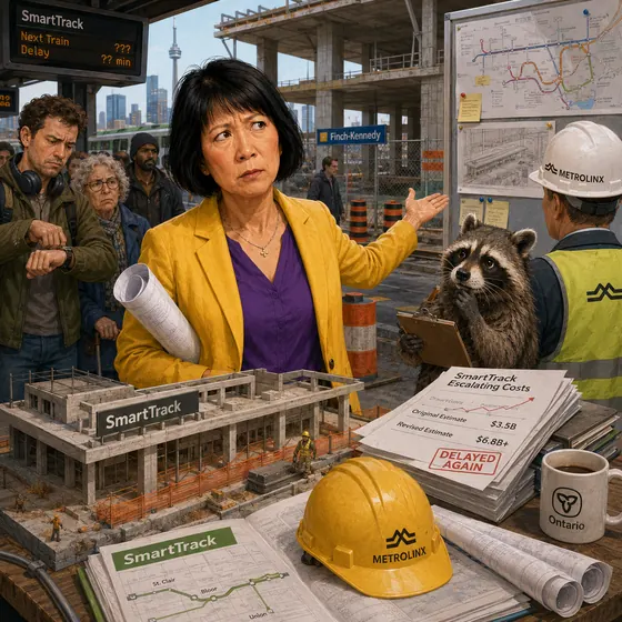 Satirical editorial illustration: SmartTrack costs and responsibility