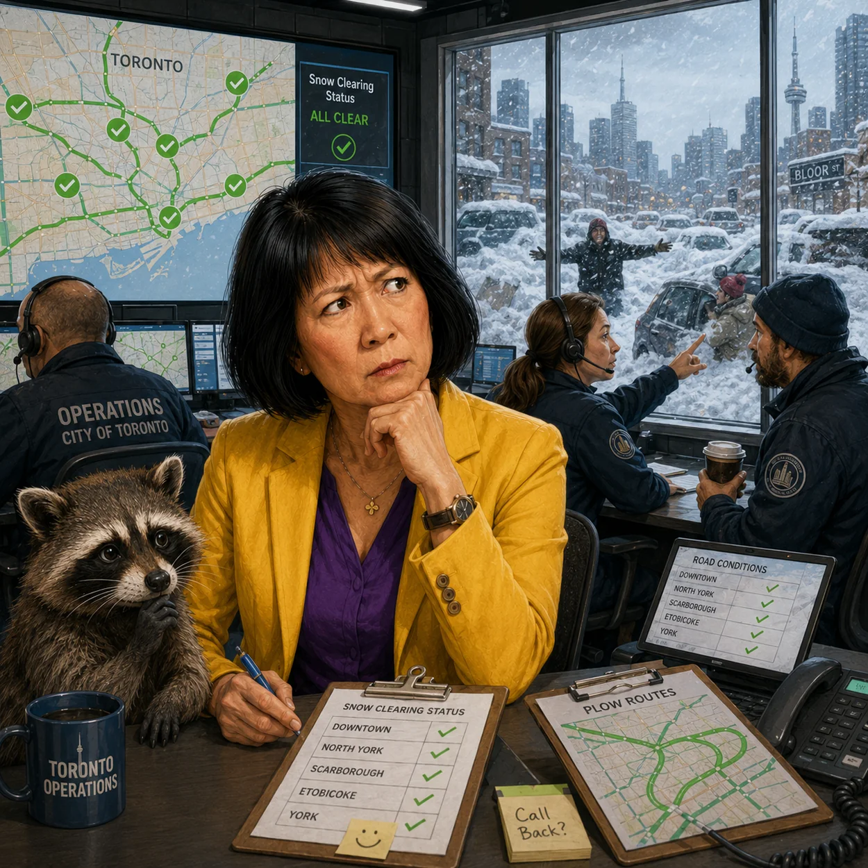 Satirical editorial illustration related to City services.