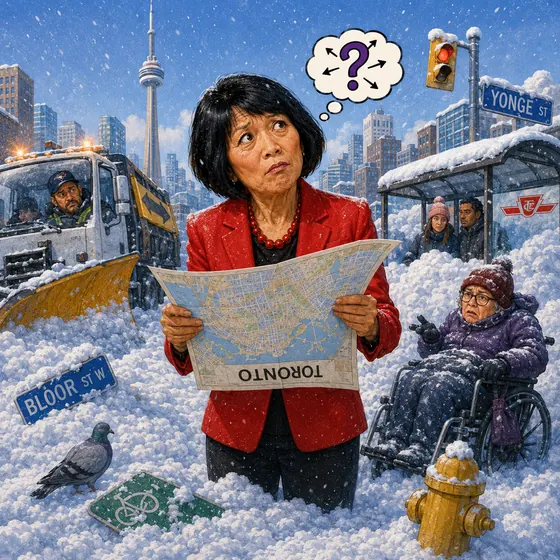 Satirical editorial illustration: Snow removal and accessibility