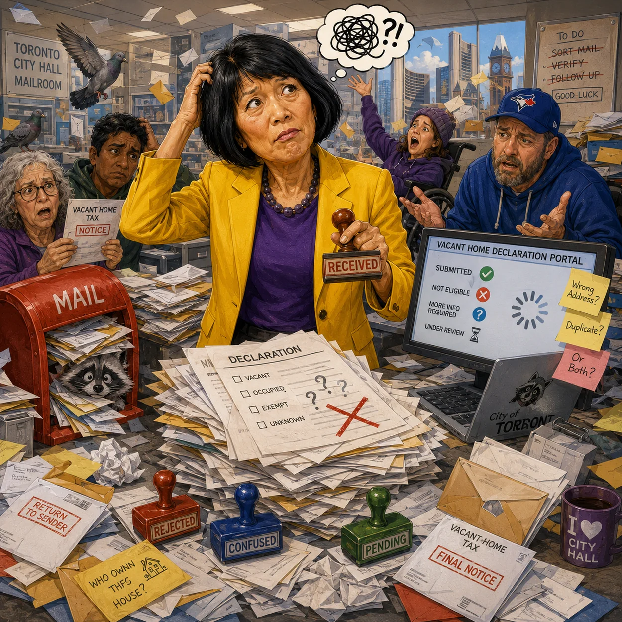 Satirical editorial illustration related to Taxes & administration.
